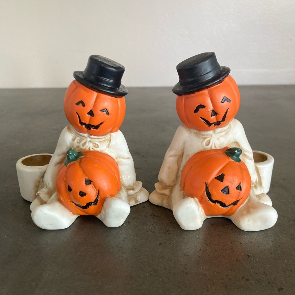 Halloween Candle Holder Pair Jack O Lantern Ghosts Ceramic Vintage
